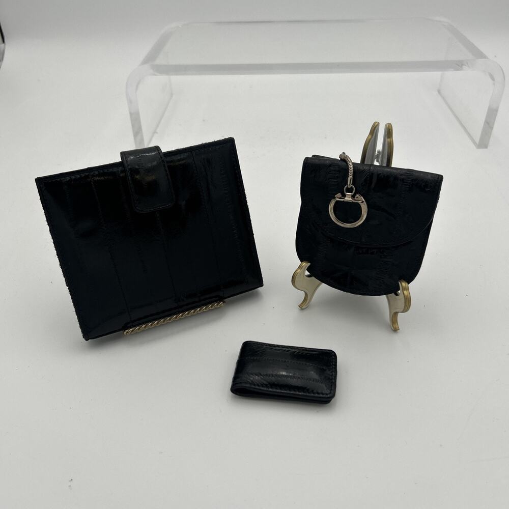 Vintage Eel Skin Black Wallet Eel Leather Purse Money Clip Card Wallet 1980s